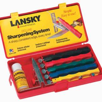 Lansky Deluxe 5-Stone knife sharpening kit featuring guided rods, honing oil and storage case